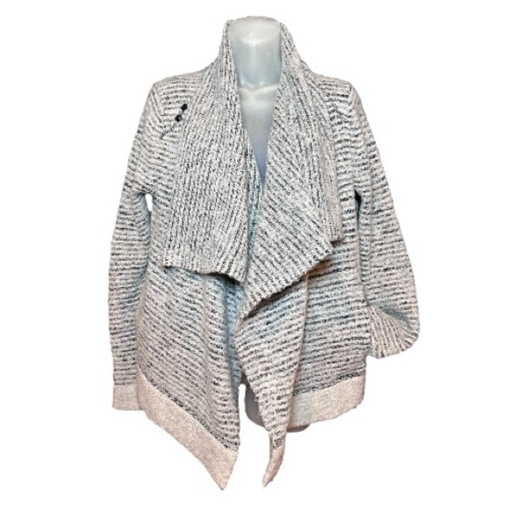 White + Warren Knit Waterfall Cardigan Women’s Size Medium Gray Leather Trim